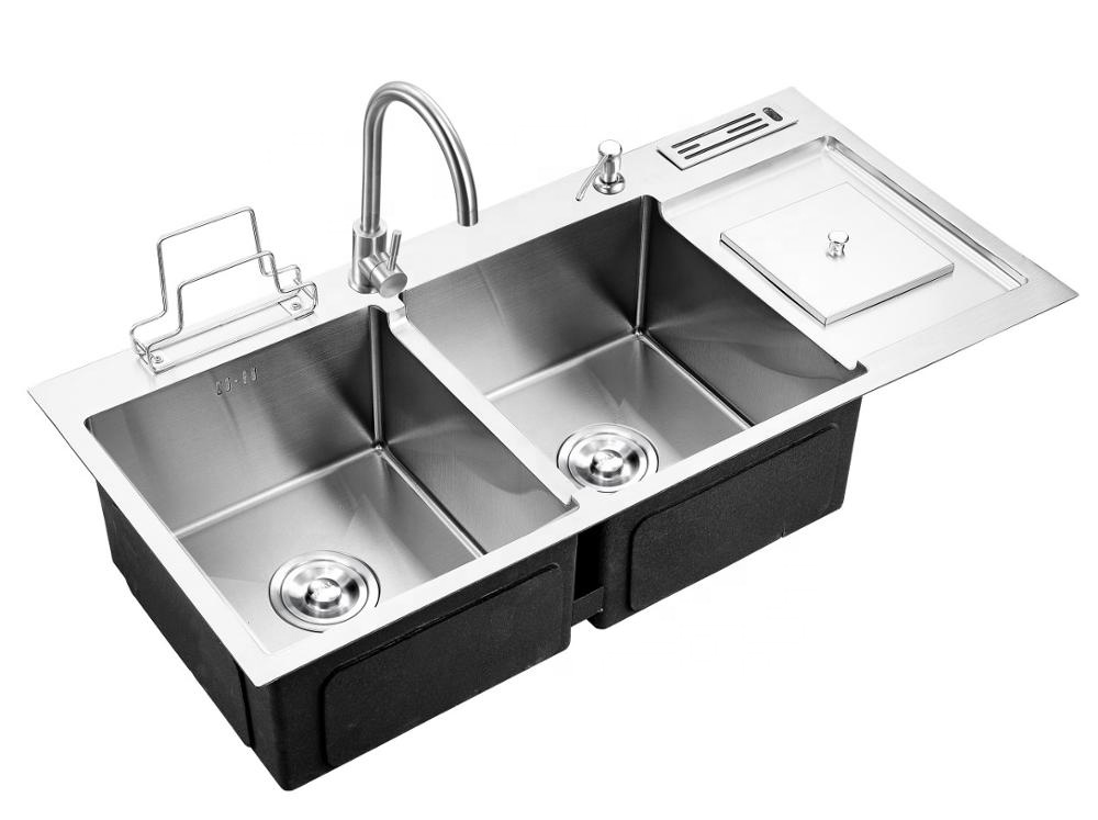  Fashion Topmount 304 Stainless Steel Handmade Double Bowl Kitchen Sink With bin 