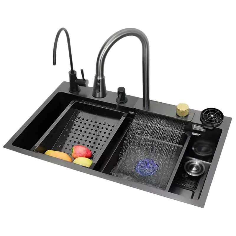 Smart Waterfall Black Kitchen Faucet Polished Kitchen Lave Vaissel Bowl Stainless Steel Kitchen Sink Without Faucet
