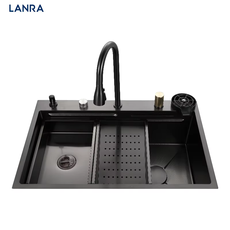 Sink Feiyu Waterfall 304 Nanometer Black Stainless Steel Household Kitchen Washing Basin Digital Display Single Trough