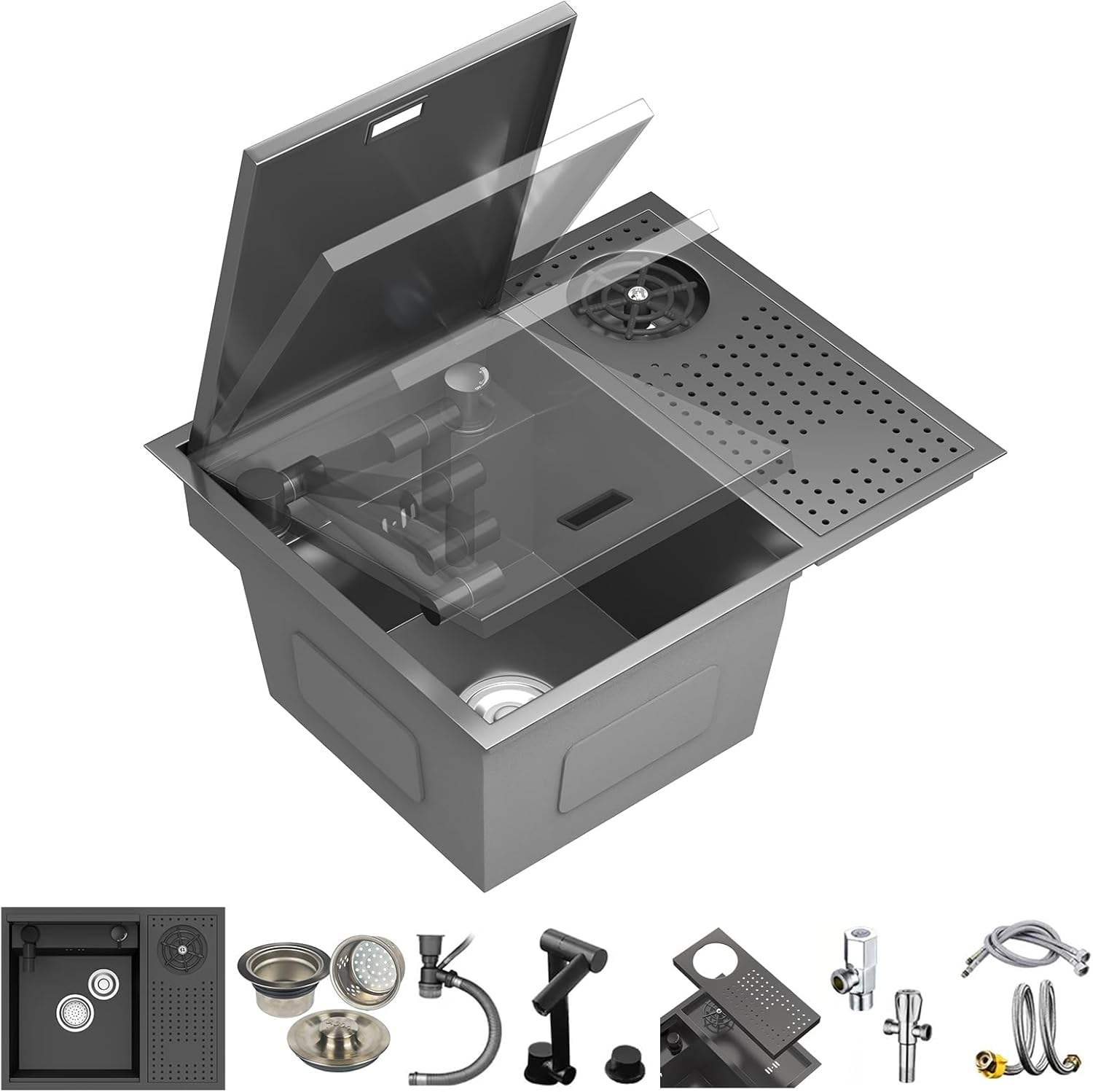 17.7 Inch Single Bowl Kitchen Sink with Faucet Stainless Steel Western Style One-Hole Design