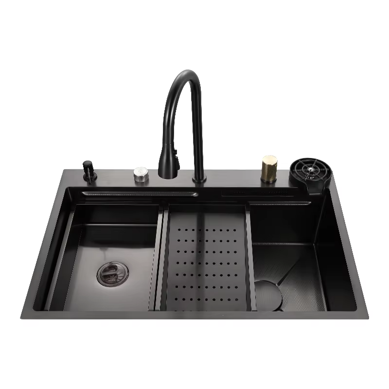 Sink Feiyu Waterfall 304 Nanometer Black Stainless Steel Household Kitchen Washing Basin Digital Display Single Trough