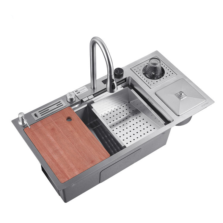 High Quality Popular Rectangle Single Bowl Multifunction Sink Stainless Steel Sinks 304 Brush Waterfall Kitchen Sink