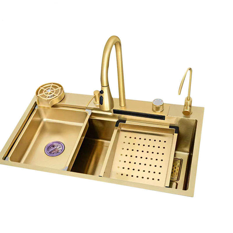 Hot-selling Waterfall Gold Stainless Steel Handmade Kitchen Sink Set Nano Single Bowl Multi-function LCD Display Smart Sink